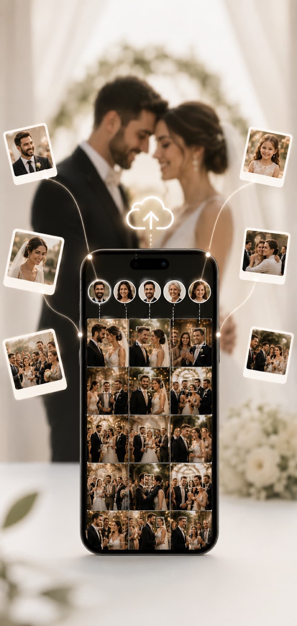 Una pareja de recién casados y un móvil con las fotos compartidas por sus invitados