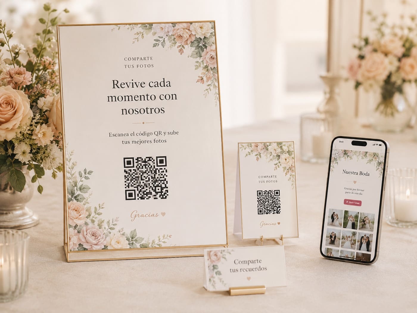 Cartelería de boda con código QR para que los invitados compartan fotos